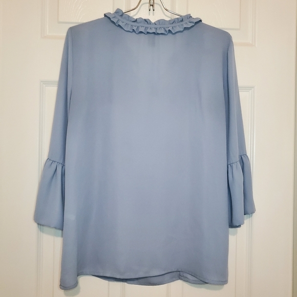 KARL LAGERFELD Ruffle Keyhole Neck Bell Sleeve, size Small, Blue - Picture 4 of 7